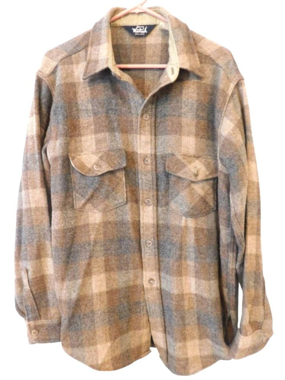Woolrich Sz L Wool Blend Plaid Shirt Jacket Brown Gray Vintage USA Workwear